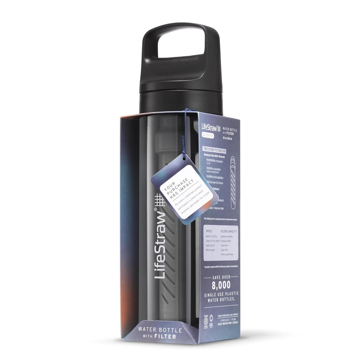LifeStraw Go Series Water Filter Bottle BPA-Free, 22 oz, Nordic Noir