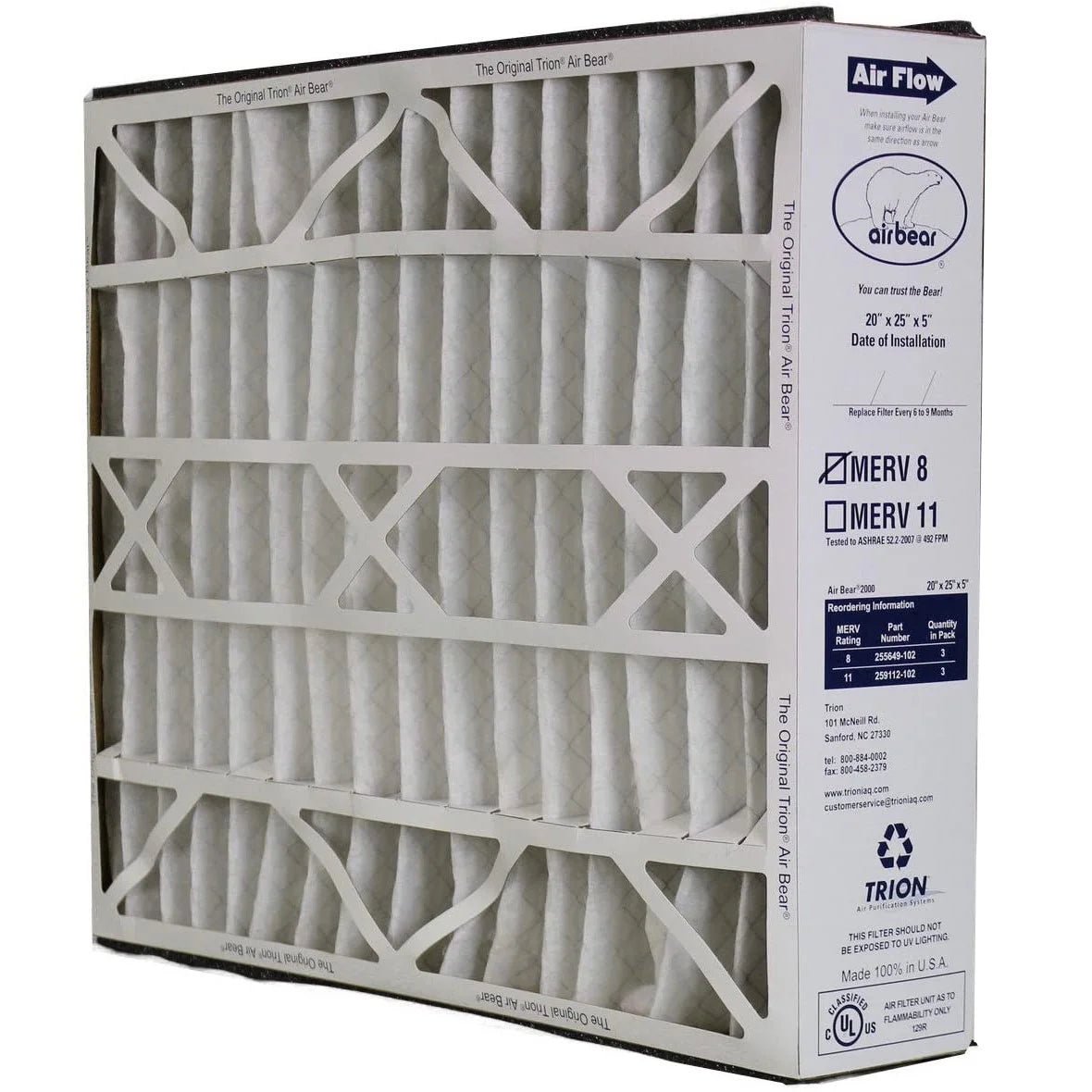 Air Bear 20X25X5 Inch MERV 8 Air Filter for Air Bear Supreme, Right Angle, and Cub Air Cleaner Purification Systems 3 Pack