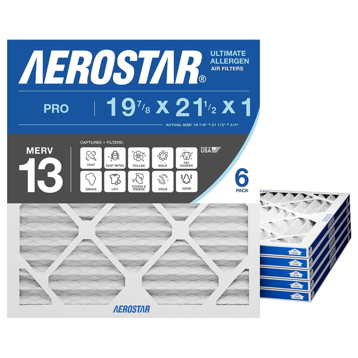 Aerostar 19.875 x 21.5 x 1 MERV 13 Pleated HVAC Air Filter, 6 Count
