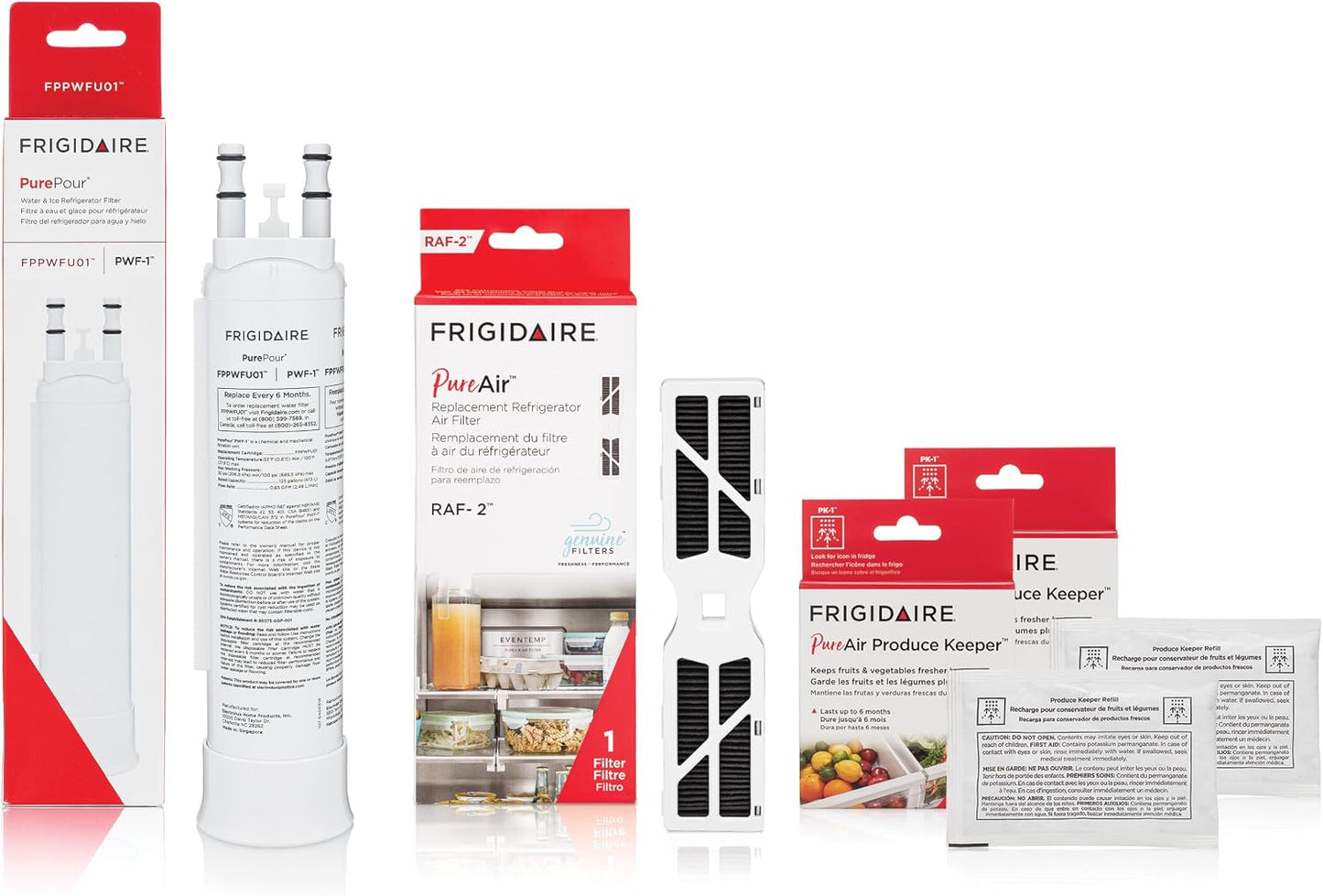 Frigidaire PurePour® PWF-1™ FPPWFU01, PureAir® RAF-2™ FRGPAAF2 and 2 pcs PK-1™ FRPAPKRF Water & Air Filter Combo