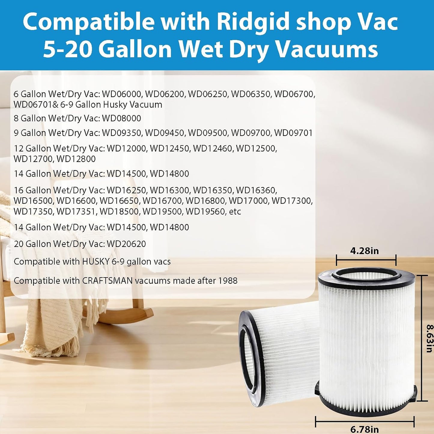 2-Pack VF4000 Replacement Filters for RIDGID 72947 Wet/Dry Vacuums, 5-20 Gallon