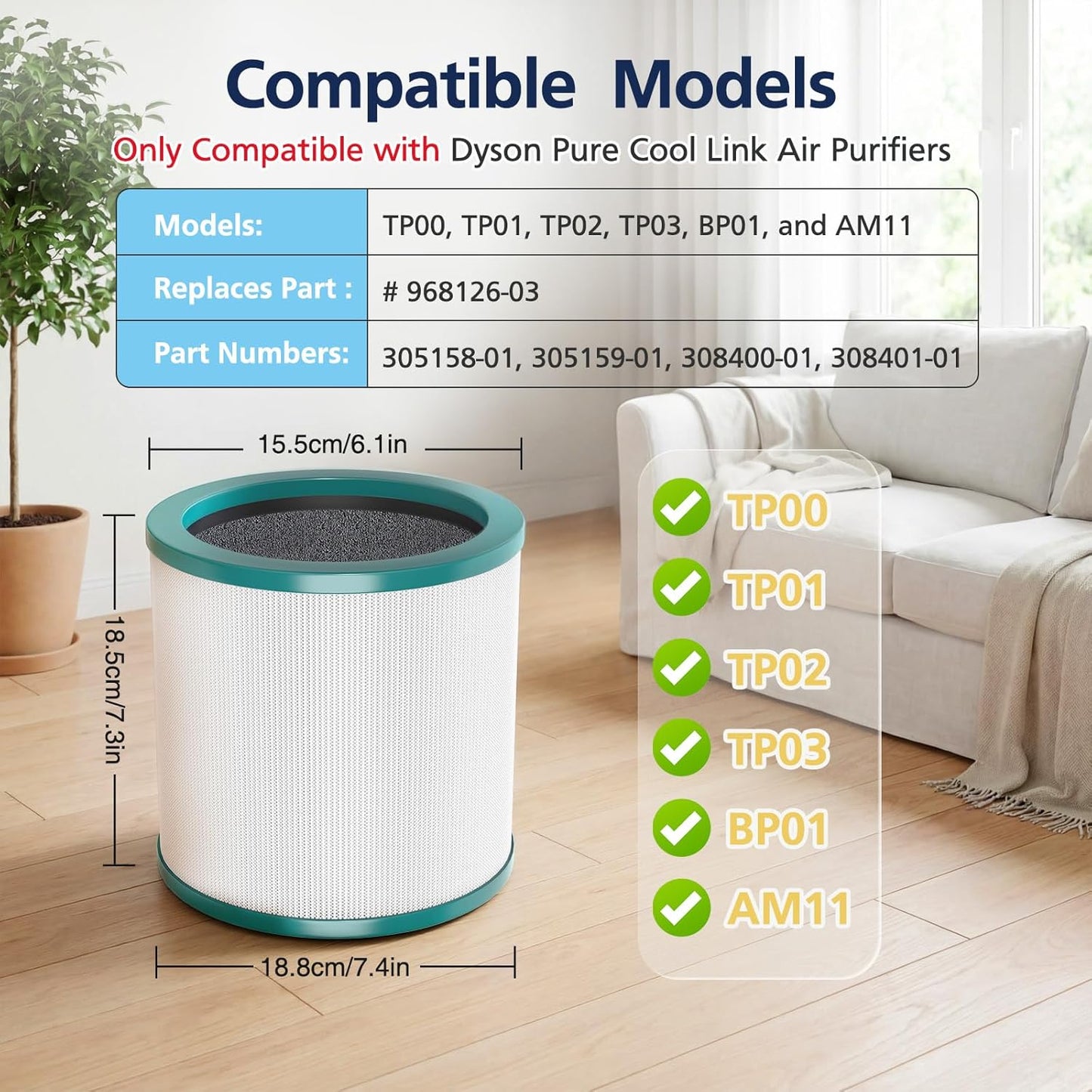 Replacement Filter for Dyson TP01, TP02, TP03, AM11 & BP01 Air Purifiers, HEPA and Activated Carbon Filter, 2-Pack