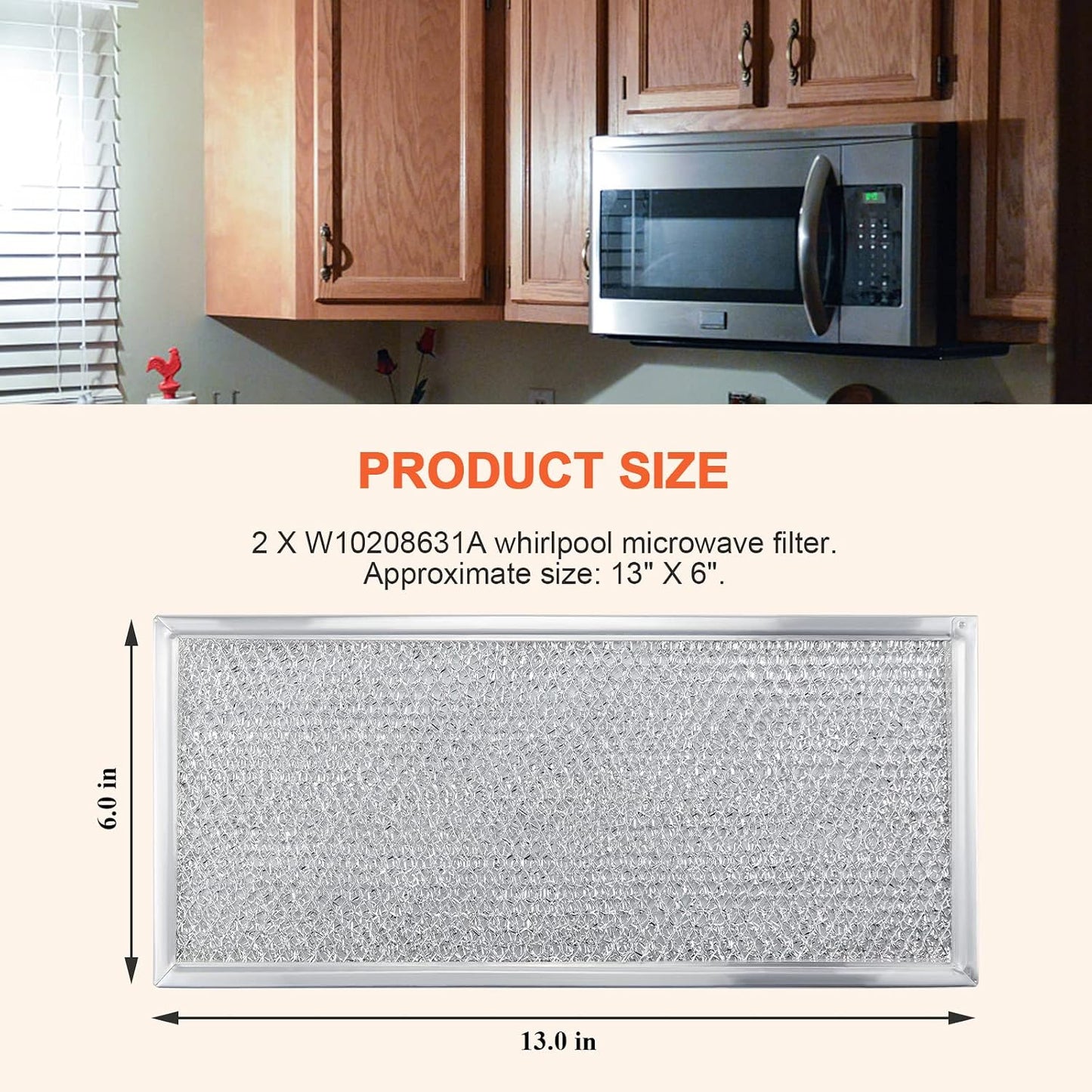 Whirlpool W10208631A Microwave Grease Filter, 13" x 6" Aluminum Mesh - 2 Pack