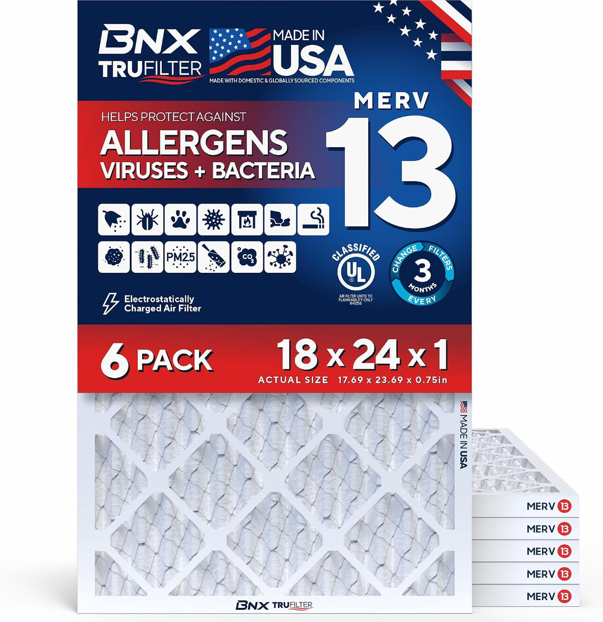 BNX TruFilter 18x24x1 Air Filter MERV 13 HVAC Furnace & AC Filter, 6-Pack