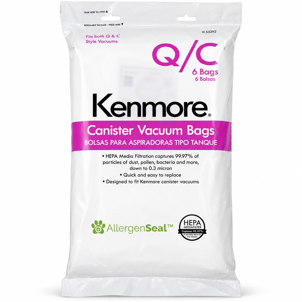 Kenmore 53292 Type Q HEPA Replacement Vacuum Bags for Canister Vacuums, 6 Pack