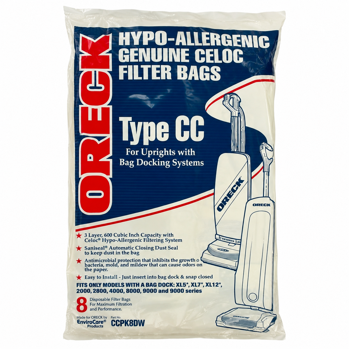 Genuine Oreck CCPK8DW Hypo-Allergenic Type CC Vacuum Cleaner Bags, 8 Pack
