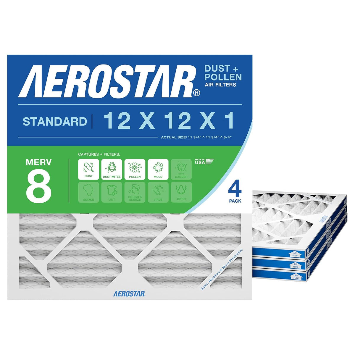 Aerostar Air Filter 12x12x1 MERV 8 AC Filter, HVAC, Furnace Filter, 4 Pack