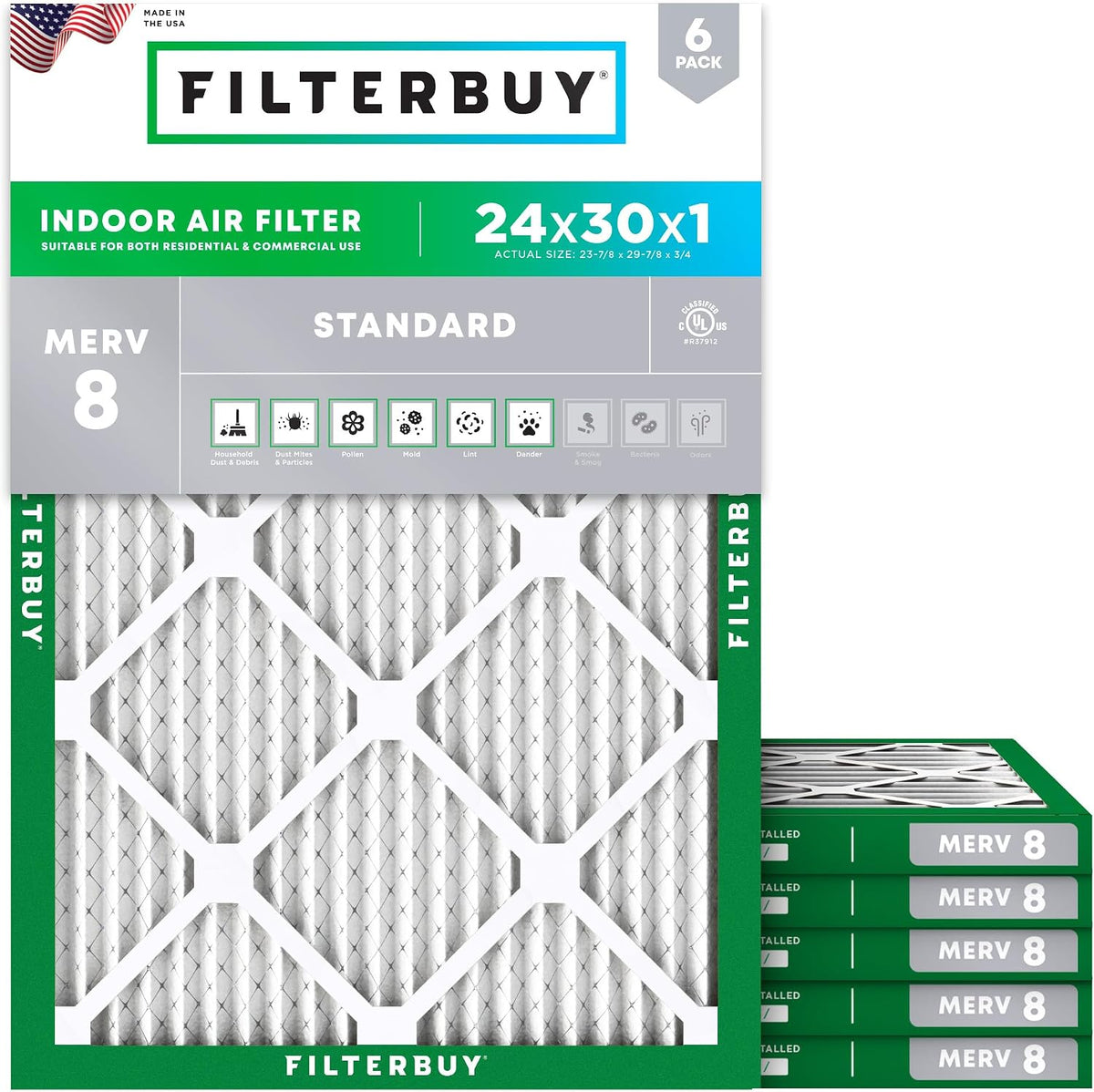 Filterbuy 24x30x1 Air Filter MERV 8 Dust & Allergy Defense (6-Pack)