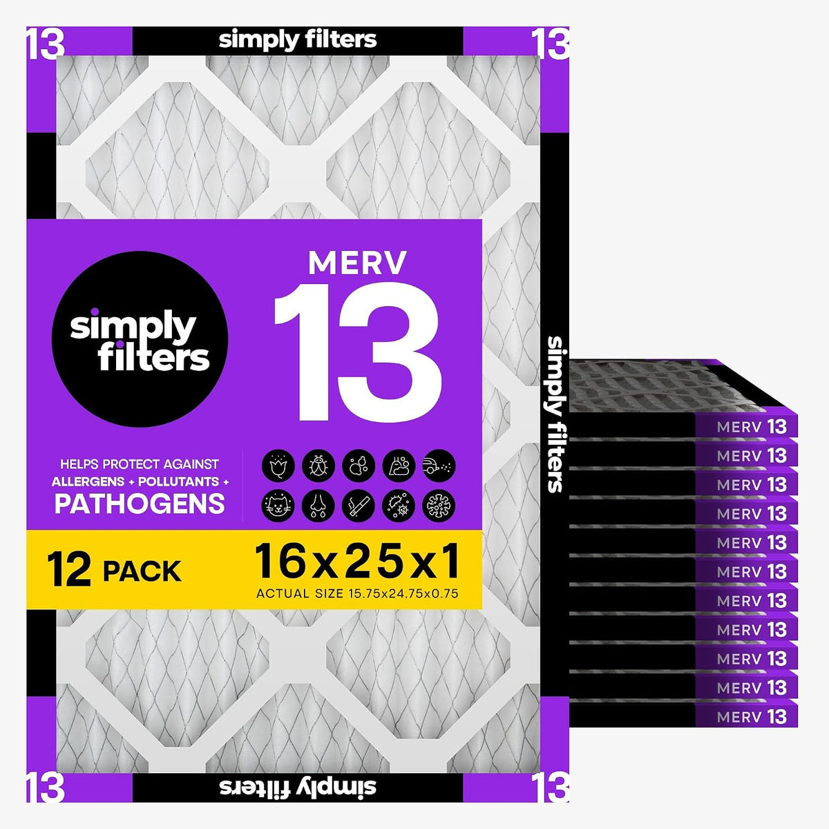 Simply 16x25x1 Air Filter, MERV 13, AC Furnace & HVAC, 12 Pack