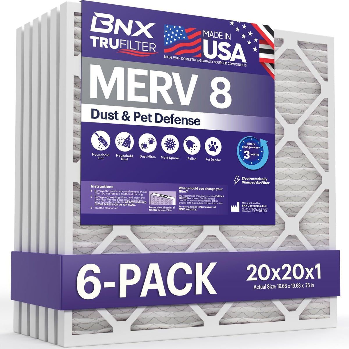 BNX TruFilter 20x20x1 Air Filter MERV 8 HVAC Furnace & AC Filter, 6-Pack