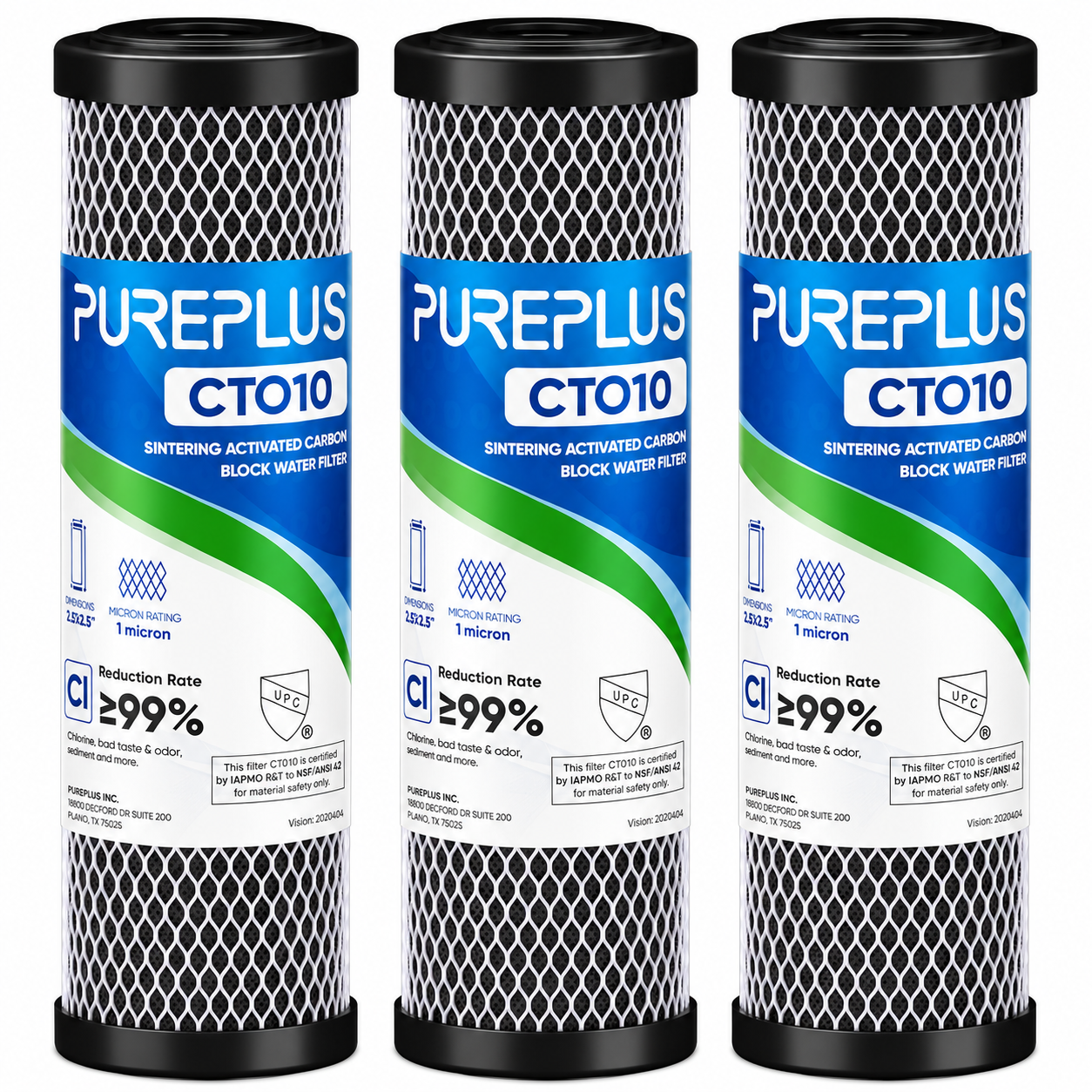 PUREPLUS 1 Micron 2.5" x 10" Whole House CTO Carbon Water Filter Cartridge Replacement – 3 Pack