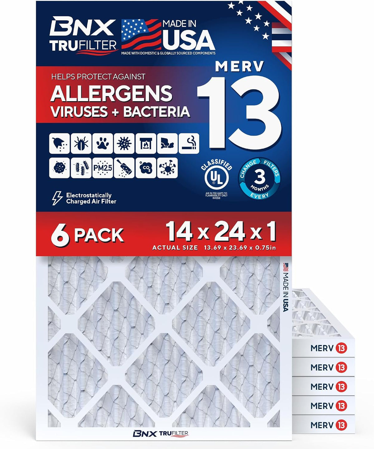 BNX TruFilter 14x24x1 Air Filter MERV 13 HVAC Furnace & AC Filter, 6-Pack