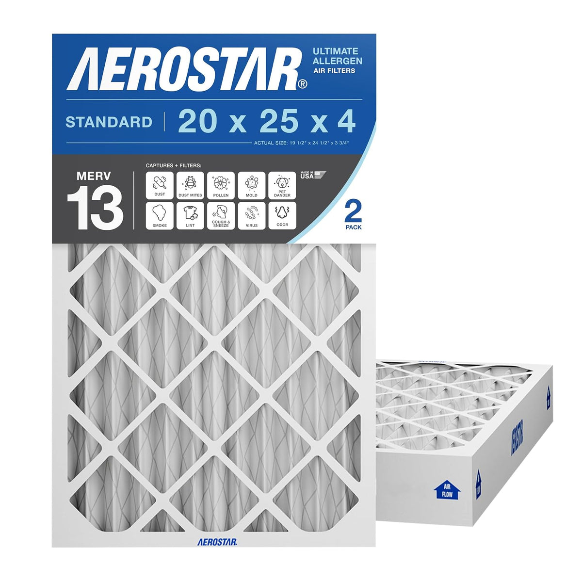 Aerostar Air Filter 20x25x4 MERV 13 AC Filter, HVAC, Furnace Filter, 2 Pack