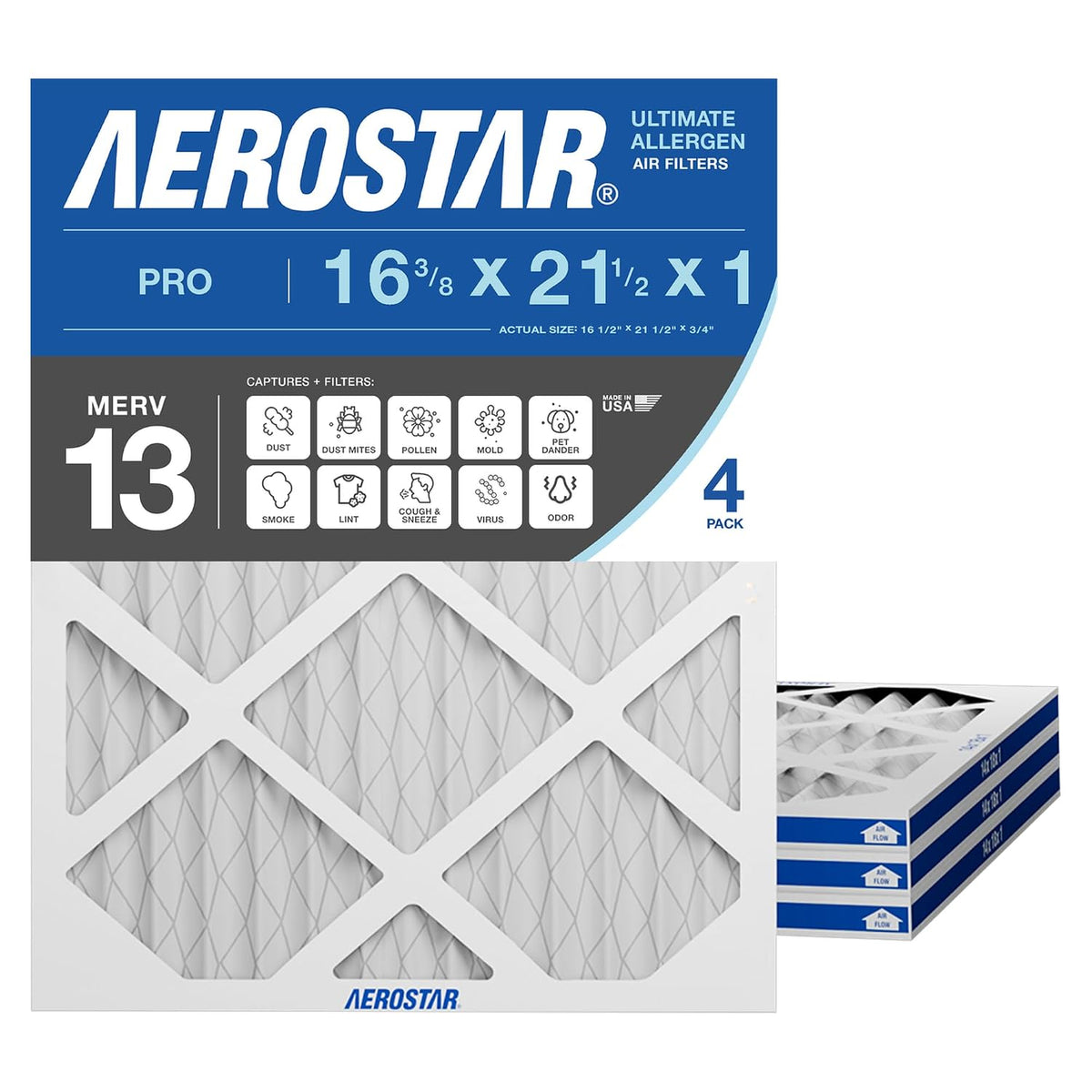 Aerostar Air Filter 16.375x21.5x1 MERV 13 AC Filter, Furnace Filter, 4 Pack
