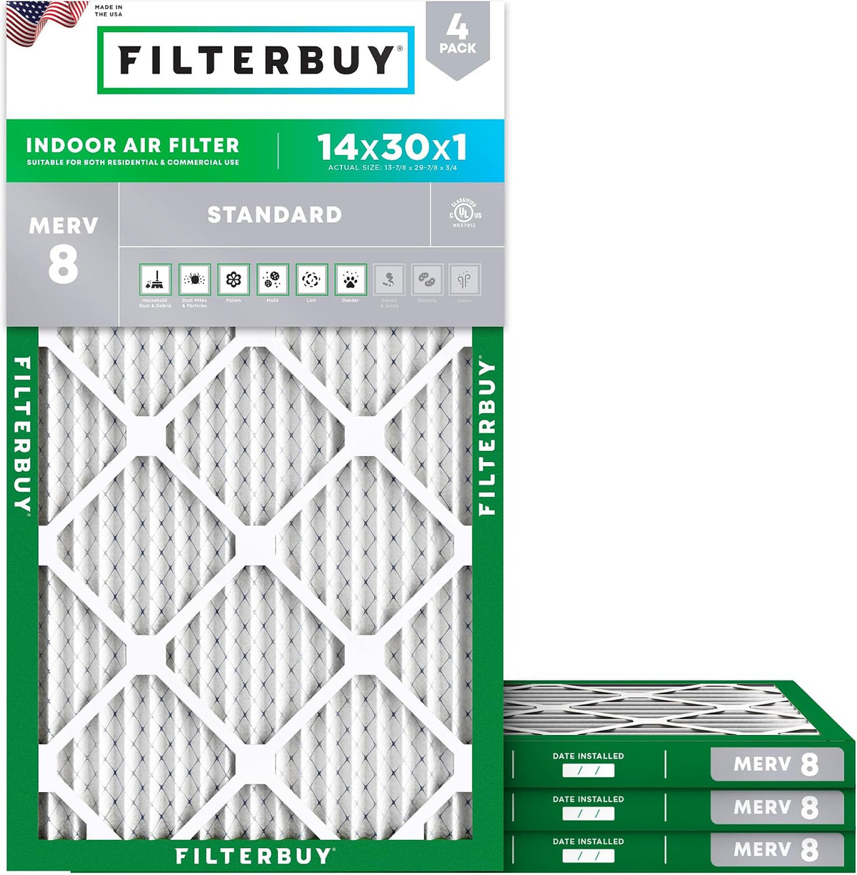 Filterbuy 14x30x1 Air Filter MERV 8 Dust & Allergy Defense (4-Pack)