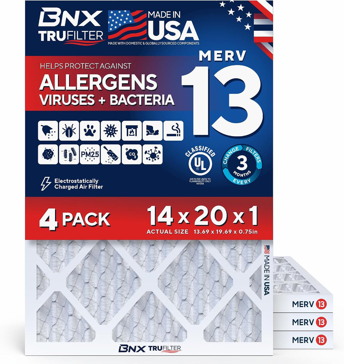 BNX TruFilter 14x20x1 Air Filter MERV 13 HVAC Furnace & AC Filter, 6-Pack