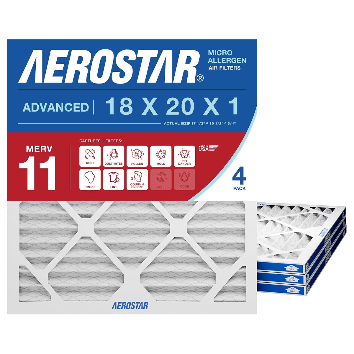 Aerostar Air Filter 18x20x1 MERV 11 AC Filter, HVAC, Furnace Filter, 4 Pack