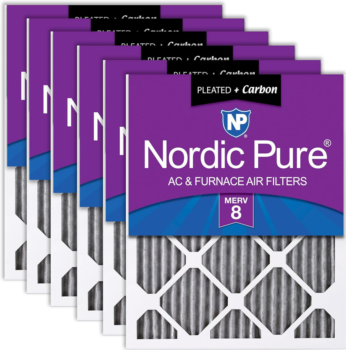 Nordic Pure 20x20x1 Pleated MERV 8 Plus Carbon Air Filters, 6 Pack