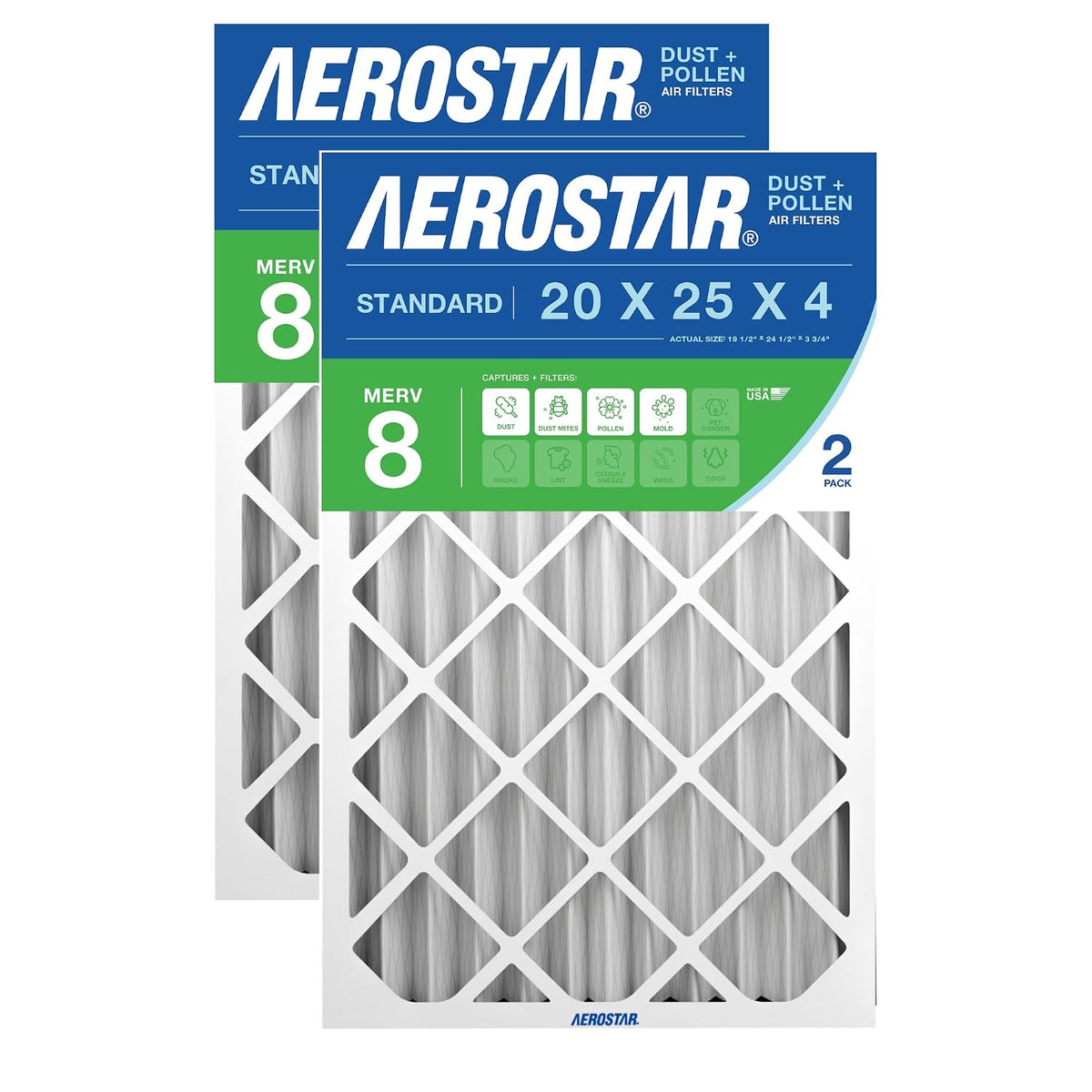 Aerostar Air Filter 20x25x4 MERV 8 AC Filter, HVAC, Furnace Filter, 2 Pack