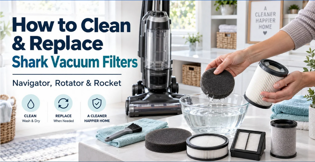 Hands rinsing a foam filter in a bowl of water next to Shark vacuum HEPA, foam and felt replacement filters