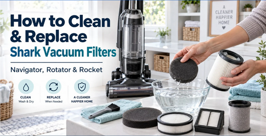 Hands rinsing a foam filter in a bowl of water next to Shark vacuum HEPA, foam and felt replacement filters