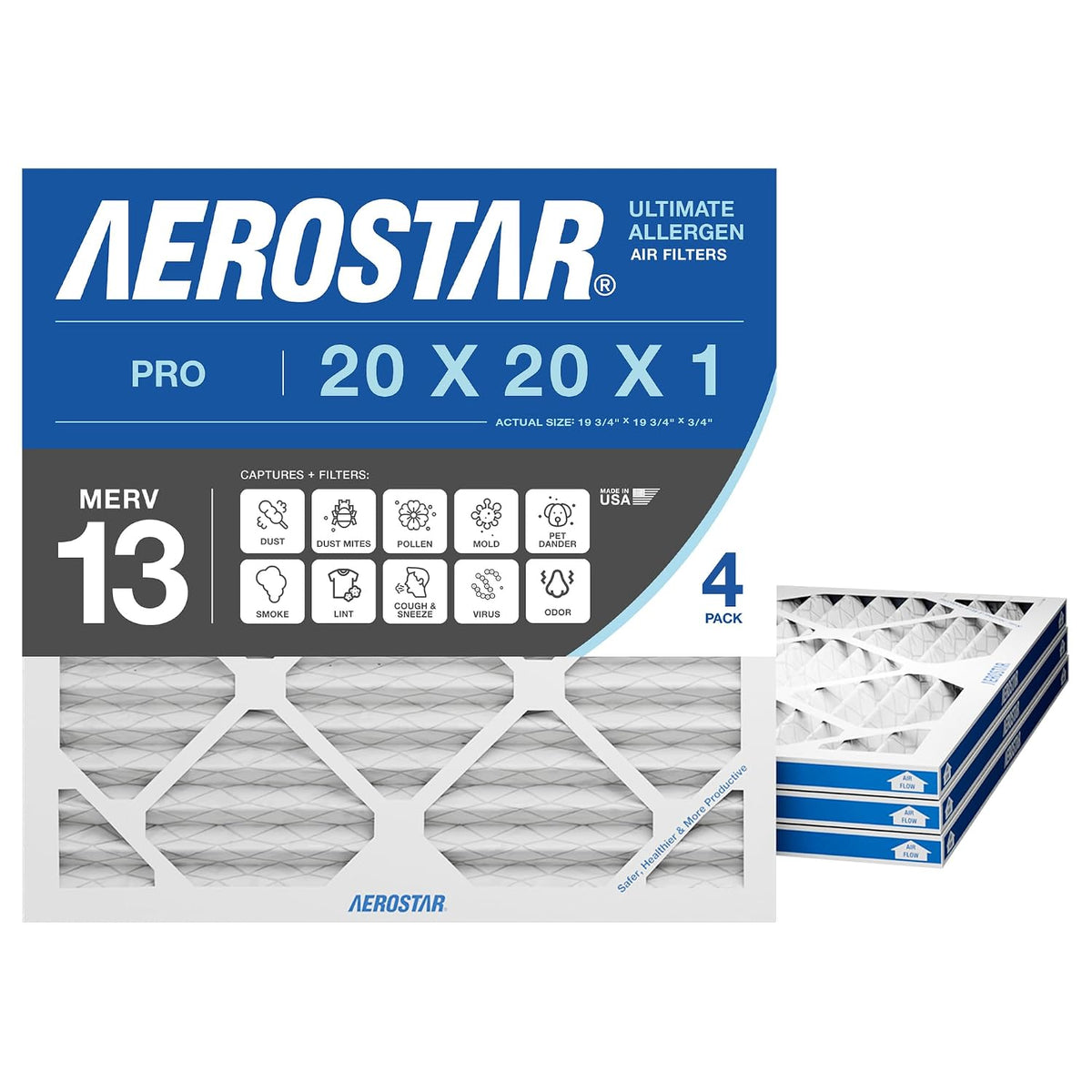 Aerostar Air Filter 20x20x1 MERV 13 AC Filter, HVAC, Furnace Filter, 4 Pack