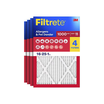 Filtrete 16x25x1 Air Filter, MERV 11, MPR 1000, Allergens & Pet Dander, 3-Month AC and Furnace Filters, 4-Pack