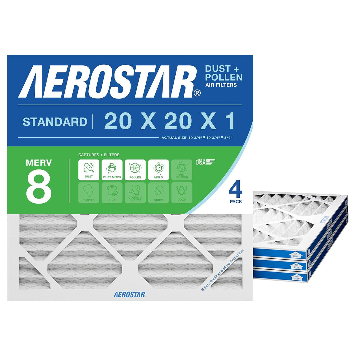 Aerostar Air Filter 20x20x1 MERV 8 AC Filter, HVAC, Furnace Filter, 4 Pack