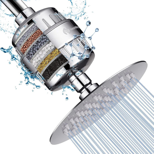 Shower Head and 15 Stage Shower Filter Combo, High Pressure Filtered Shower for Hard Water, Improves the Condition of Your Skin, Hair (6 Inch, Chrome)