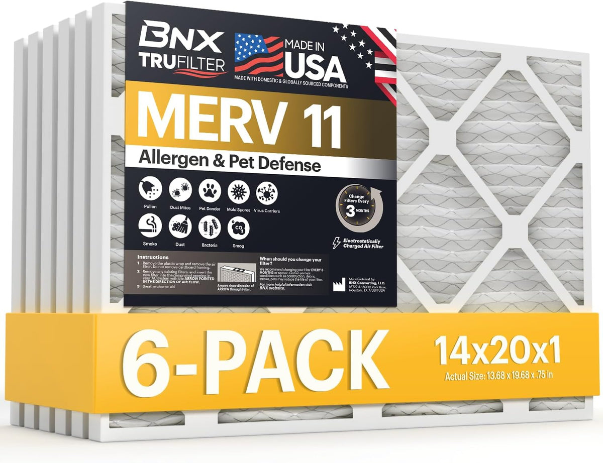 BNX TruFilter 14x20x1 Air Filter MERV 11 HVAC Furnace & AC Filter, 6-Pack