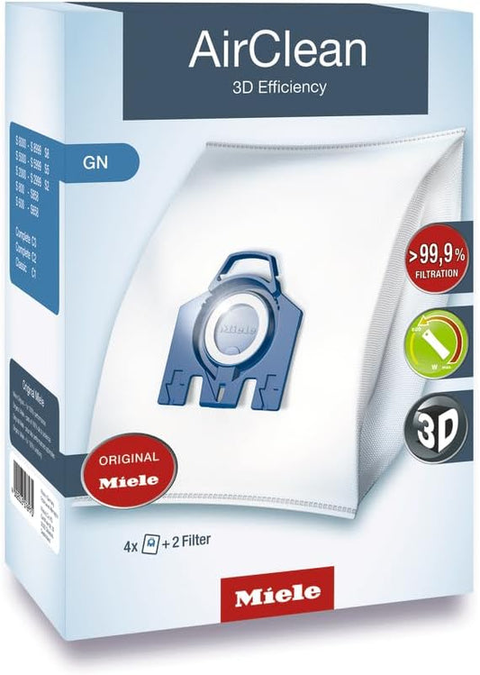 Miele GN AirClean 3D Efficiency Vacuum Cleaner Bags, Fits Classic C1 Complete C2 Complete C3 S2 S5 S8, 4 Bags + 2 Filters