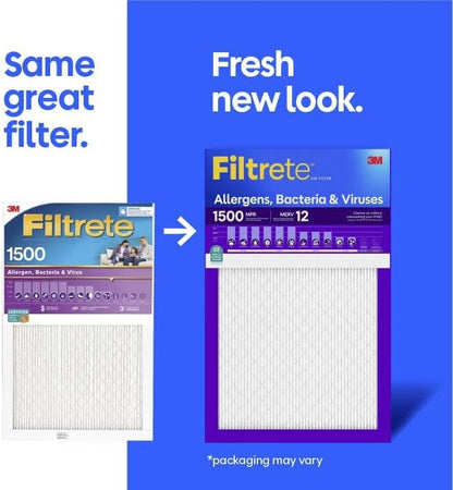 Filtrete 20x25x1 Air Filter, MERV 12, MPR 1500, Allergens, Bacteria & Viruses, 3-Month AC and Furnace Filters, 2-Pack
