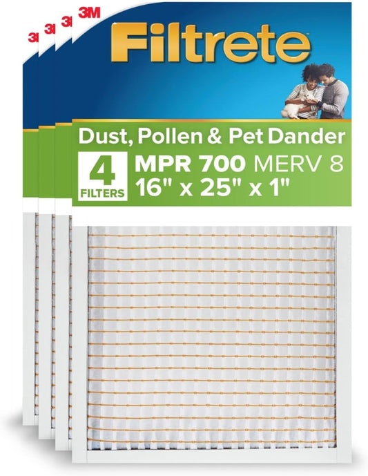 Filtrete 16x25x1 Air Filter MERV 8, MPR 700 Tough on Pollen, 4-Pack AC Furnace HVAC Filters, 3-Month Pleated Electrostatic - Fine Filters