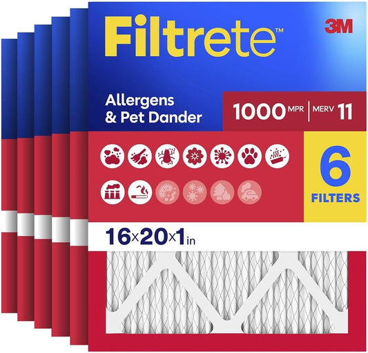 Filtrete 16x20x1 Air Filter, MERV 11, MPR 1000, Allergens & Pet Dander, 3-Month AC and Furnace Filters, 6-Pack - Fine Filters