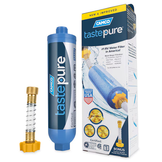 Camco TastePURE RV Inline Water Filter with Flexible Hose Protector, 40043