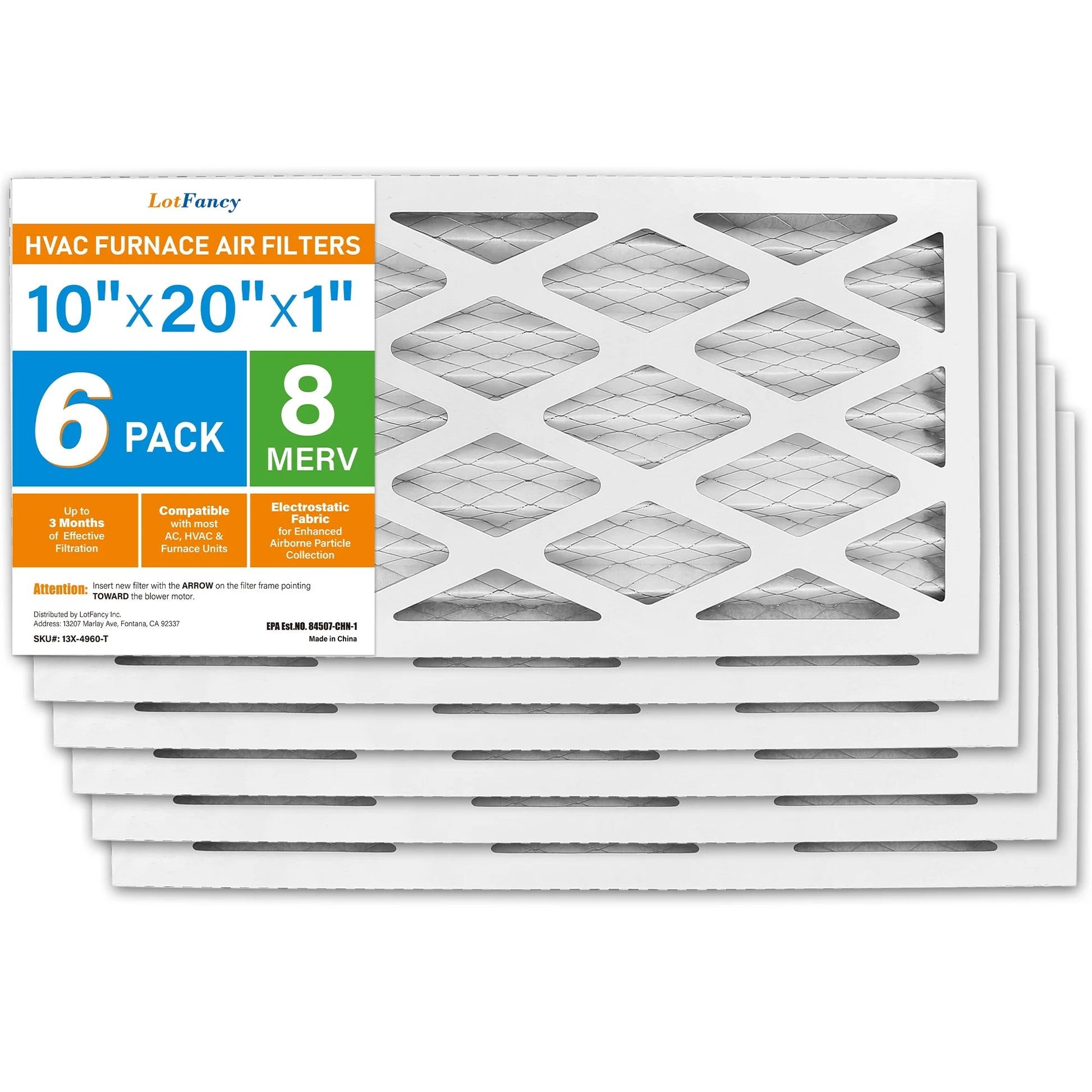 10X20X1 Air Filters, 6 Pack, MERV 8 Pleated HVAC AC Furnace Filters
