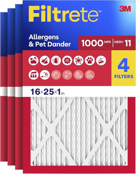 Filtrete 16x25x1 Air Filter, MERV 11, MPR 1000, Allergens & Pet Dander, 3-Month AC and Furnace Filters, 4-Pack - Fine Filters