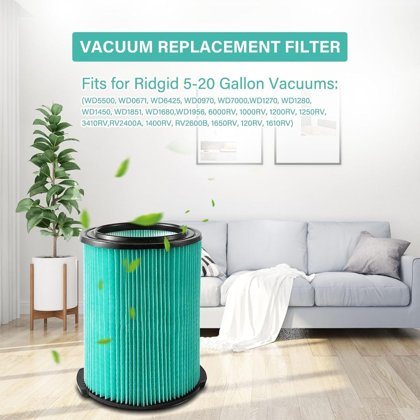 VF6000 5-Layer HEPA Material Filter Replacement for RIDGID 5 to 16 Gallon Wet/Dry Vacuums, 2 Pack