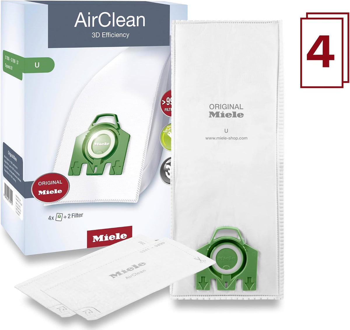 Miele 10123230 AirClean 3D Efficiency U Vacuum Cleaner Dustbags, 4 Bags with 2 Filters
