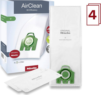 Miele 10123230 AirClean 3D Efficiency U Vacuum Cleaner Dustbags, 4 Bags with 2 Filters