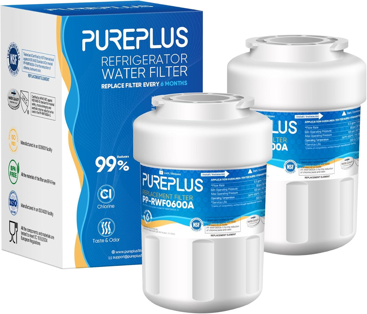 PUREPLUS Replacement Refrigerator Water Filter, MWF®, SmartWater® MWFP, MWFA, GWF, HDX FMG-1, WFC1201, GSE25GSHECSS, RWF1060, PC75009, Kenmore® 9991, 2 Pack