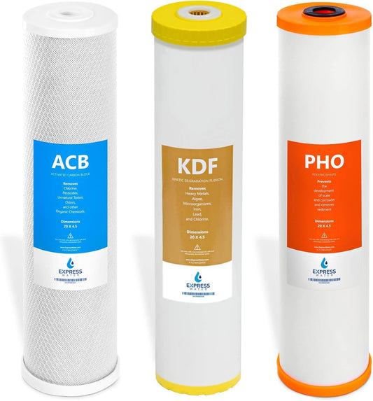 Express Water FLTWH2045CKP1 Whole House Replacement Filter Set, 3 Pack, 4.5 x 20 Inch, Carbon Block, KDF Heavy Metal & Polyphosphate Anti-Scale