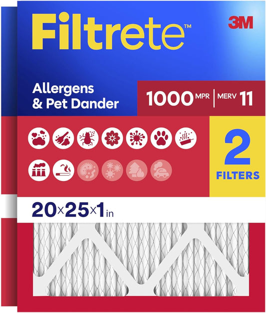Filtrete 20x25x1 Air Filter, MERV 11, MPR 1000, Allergens & Pet Dander, 3-Month AC and Furnace Filters, Cleaner Air, Reliable Airflow, 2 HVAC Filters (Actual Size 19.68 x 24.68 x 0.81 in) - Fine Filters