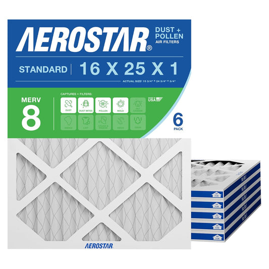 Aerostar 16x25x1 MERV 8 Air Filter, 6-Pack, HVAC AC Furnace Filter