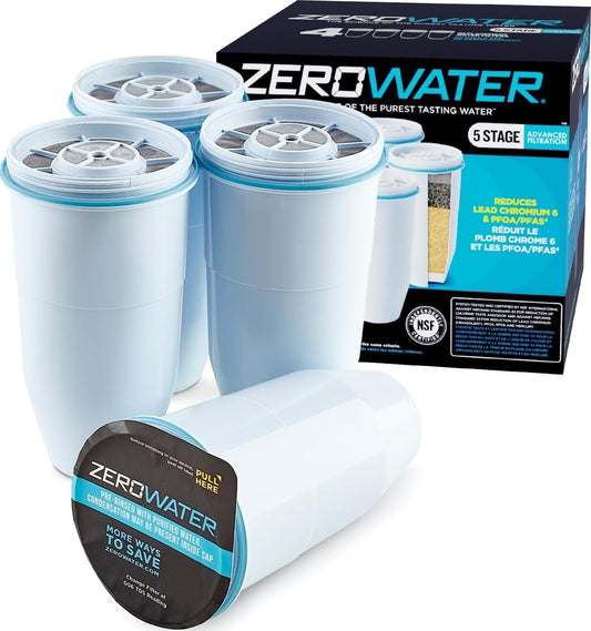 ZeroWater Official Replacement Filter, 5-Stage 0 TDS Water Filter Replacement, IAPMO Certified, Reduces Lead, Chromium & PFOA/PFOS, 4-Pack - Fine Filters