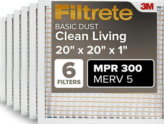 Filtrete 20x20x1 Air Filter MERV 5, 6-Pack AC Furnace HVAC Filter, MPR 300 Basic Dust Defense, Pleated Electrostatic - Fine Filters