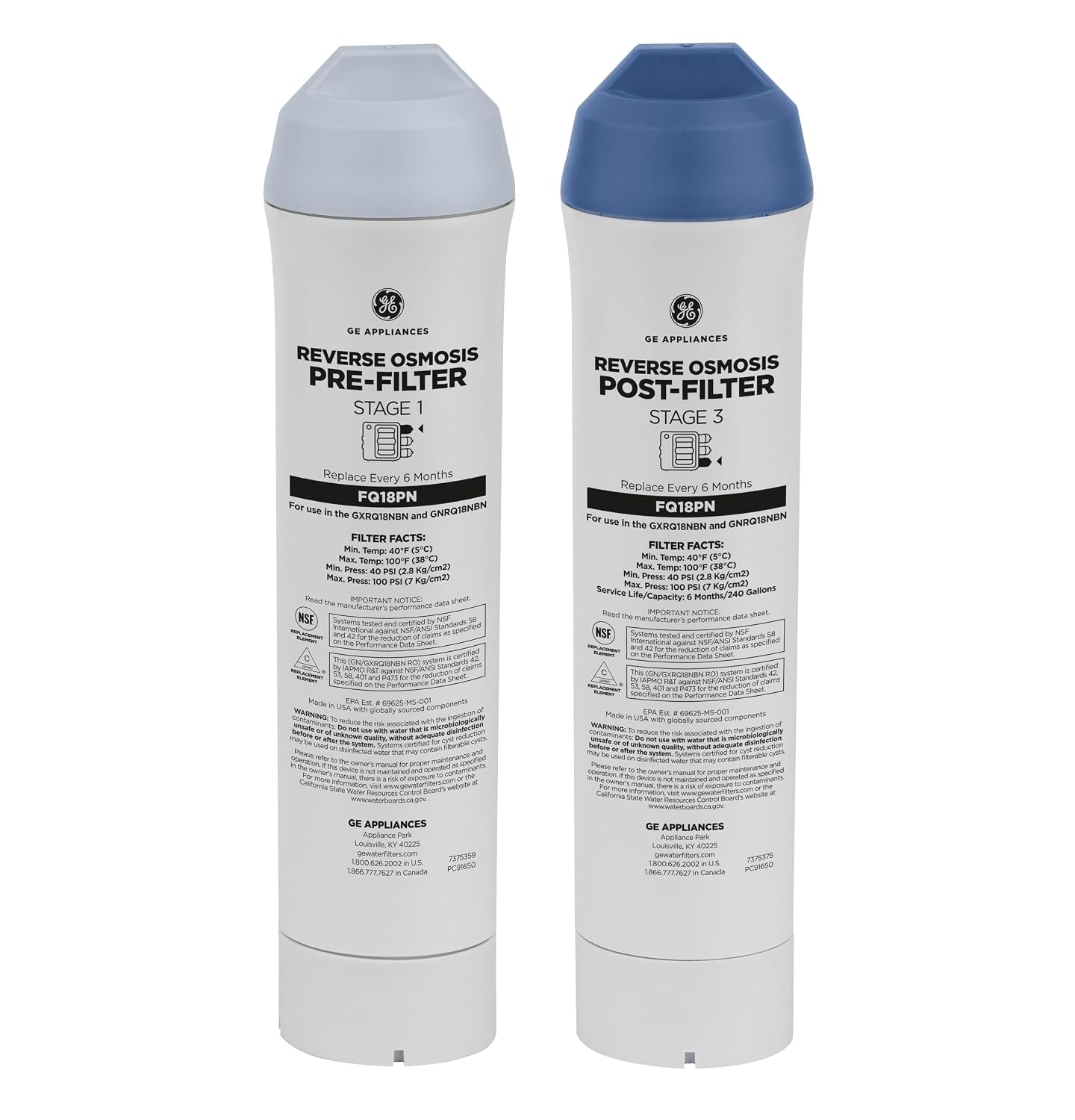 GE FQ18PN Pre & Post Filter Set Compatible with Select GE Under Sink Filtration Systems