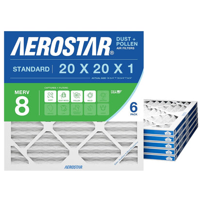 Aerostar 20x20x1 MERV 8 Air Filter, 6 Count, HVAC Air Conditioning & Furnace Filter, MPR 600 / FPR 5