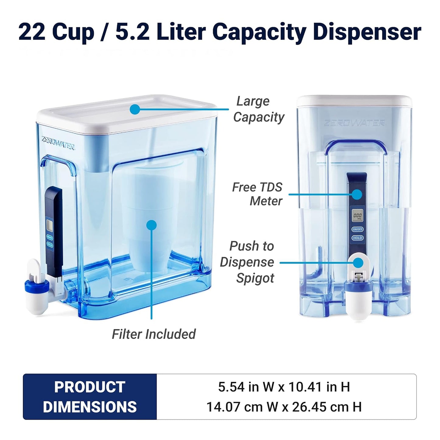 ZeroWater 22-Cup Water Filter Dispenser with 5-Stage Filtration & TDS Meter