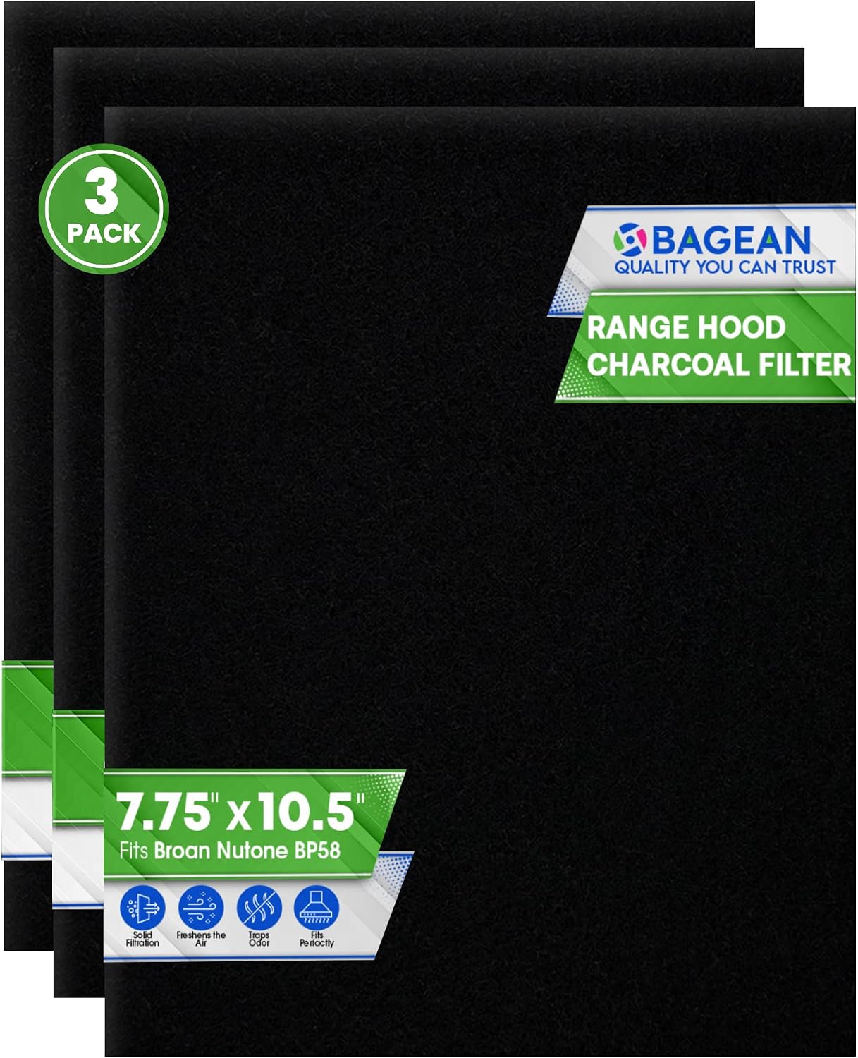Broan-NuTone BP58 Range Hood Charcoal Filter, 7.75" x 10.5" (43000 Series, Ductless) - 3 Pack